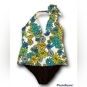 La Blanca • Tankini Set, Big Bright Flowers, Halter Top, Bikini Bottom, Size 14